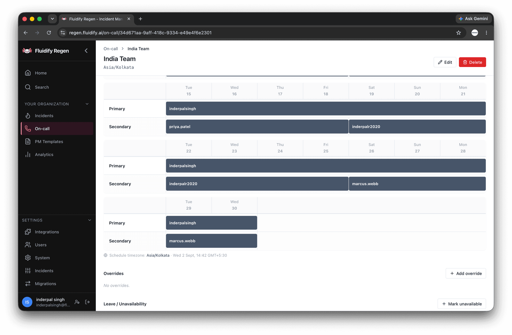Regen on-call scheduling screen showing rotation shifts, overrides and timezone-aware coverage