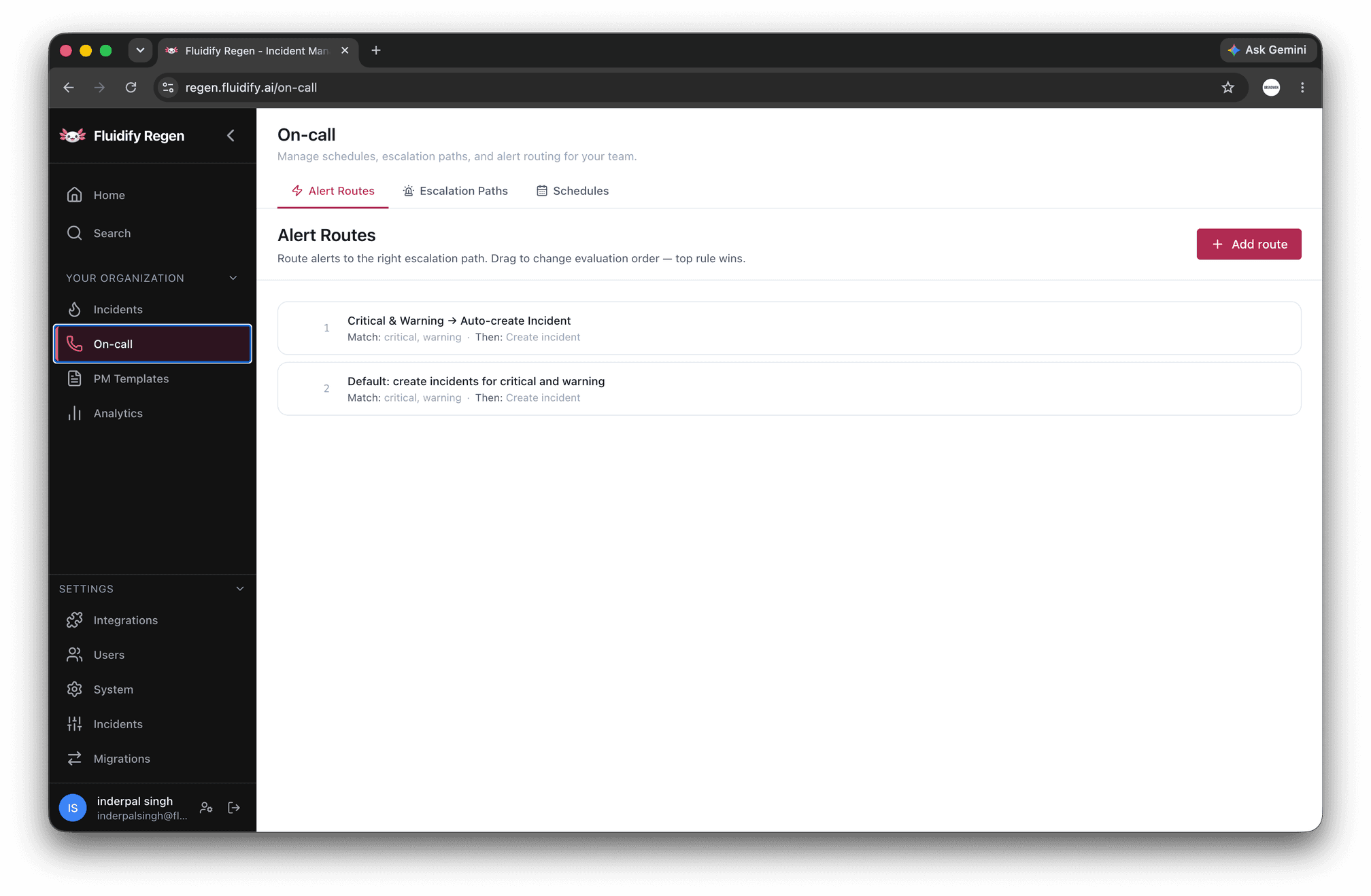 Regen on-call page listing Alert Routes, Escalation Paths and Schedules tabs with routing rules configured