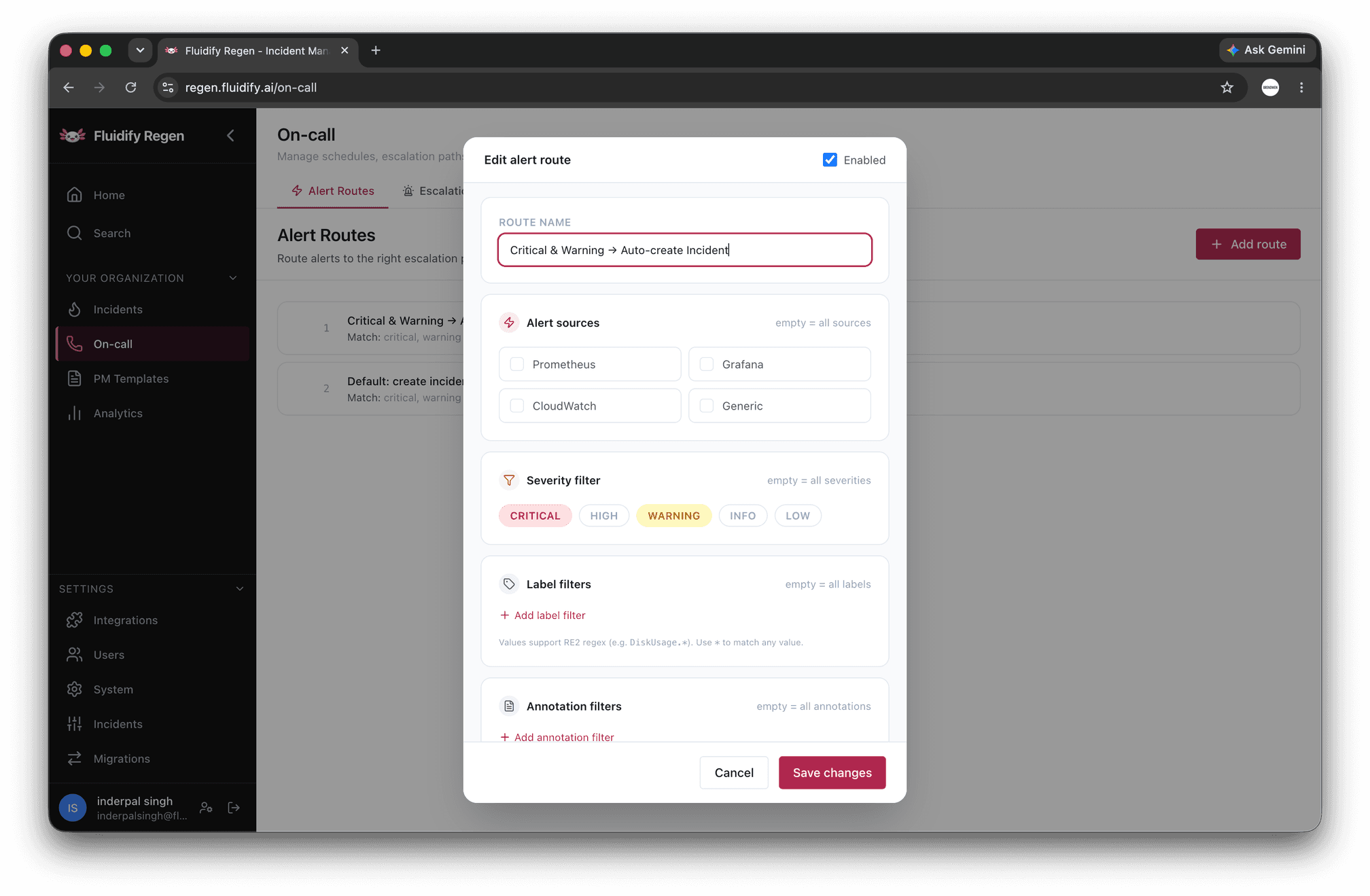 Regen alert route editor with Prometheus, Grafana, CloudWatch and generic webhook sources, severity and label filters