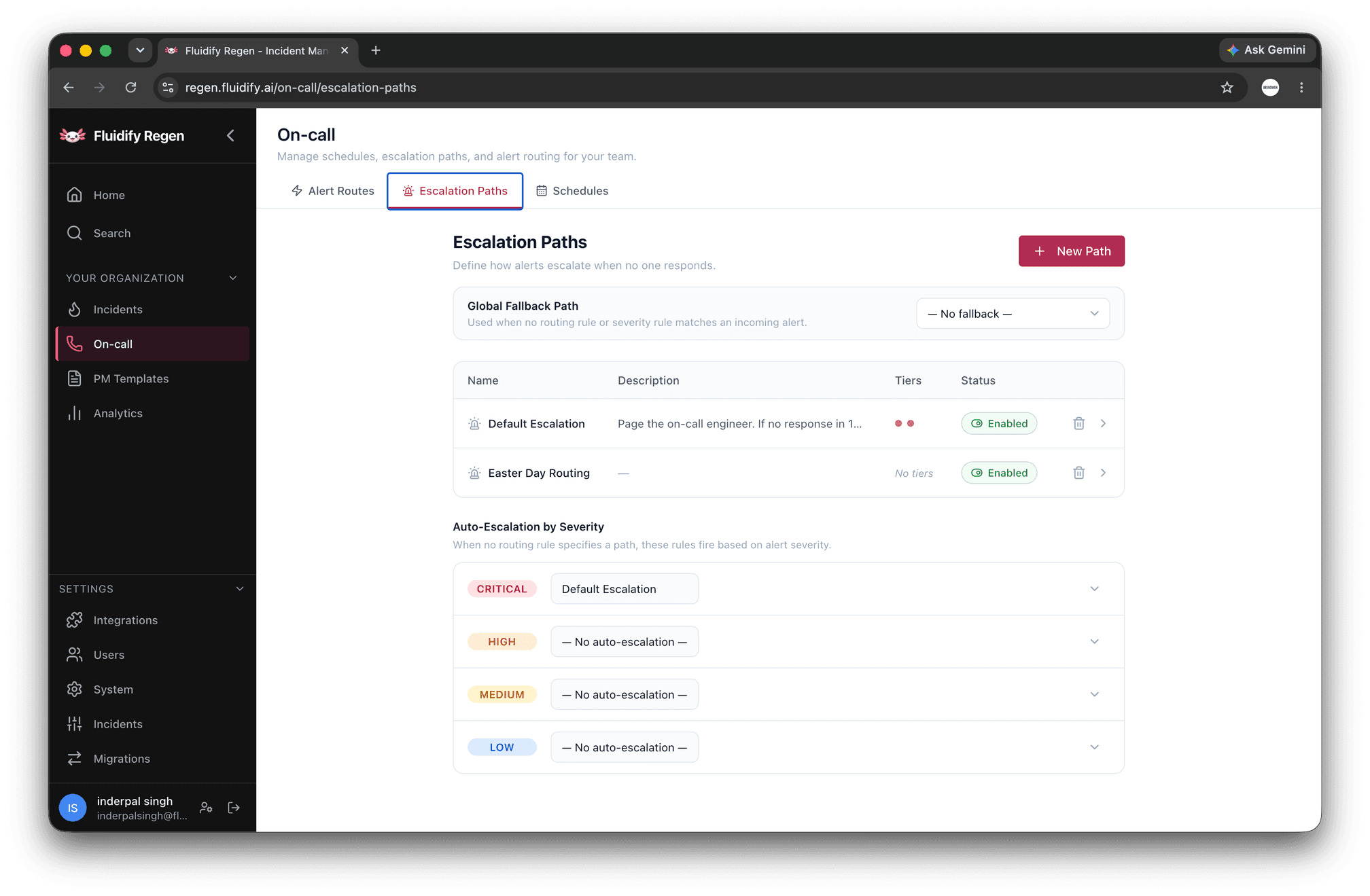 Regen escalation policy editor showing multi-step timeouts and backup responders