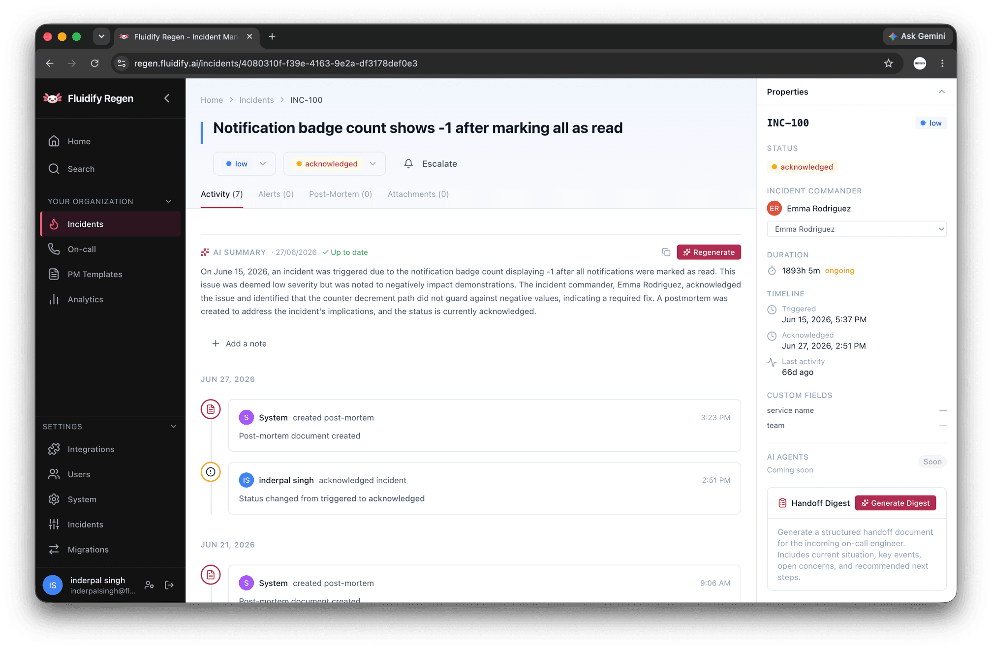 Regen incident detail page with an AI-generated summary and handoff digest in the properties panel