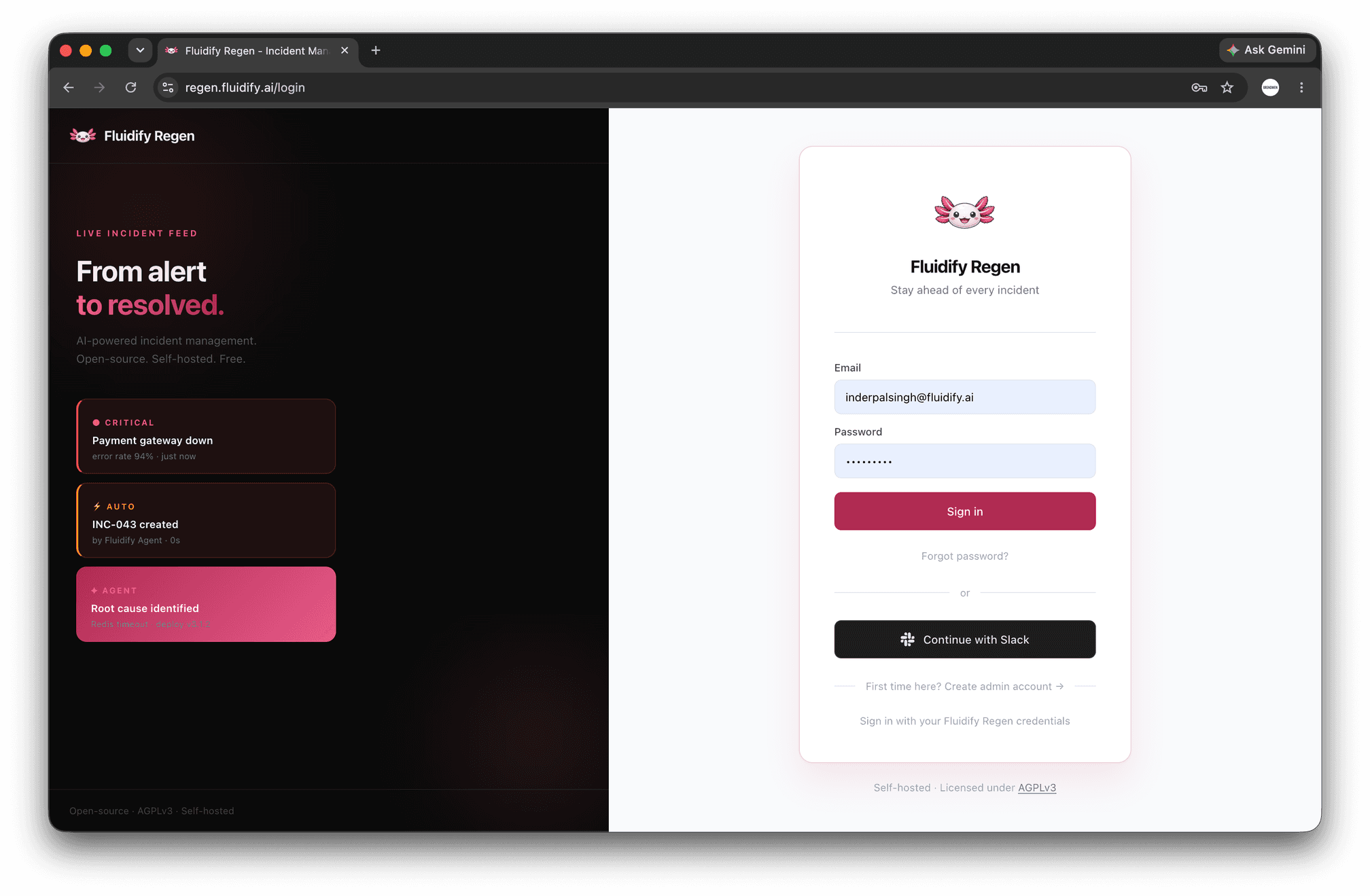 Regen login screen showing it is open source and self-hosted, licensed under AGPLv3, with Slack sign-in