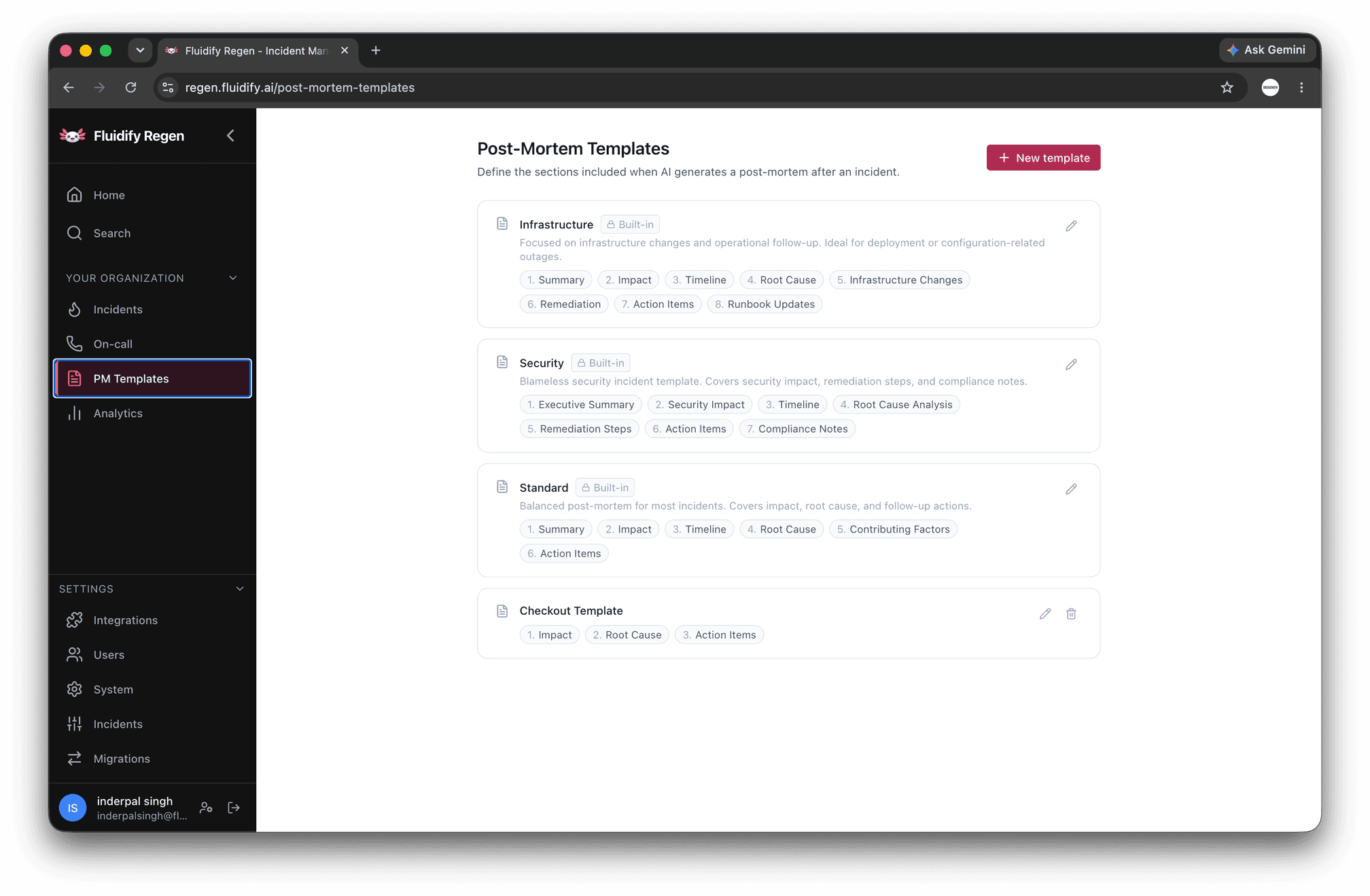 Regen AI-generated post-mortem following a structured template, with sections for timeline, impact and action items